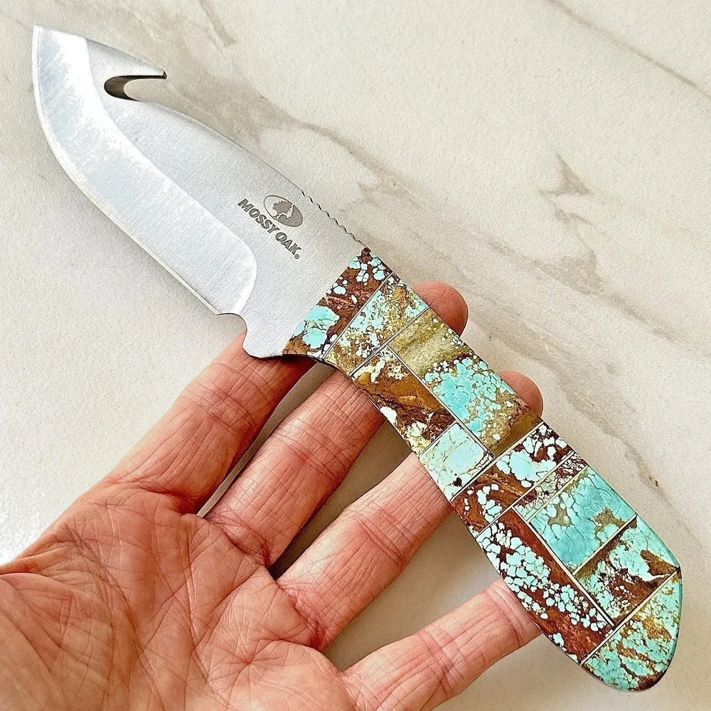 Native Amer Navajo Knife Number 8 Mine Turquoise Francisco Tanto Gut Hook Mosaic